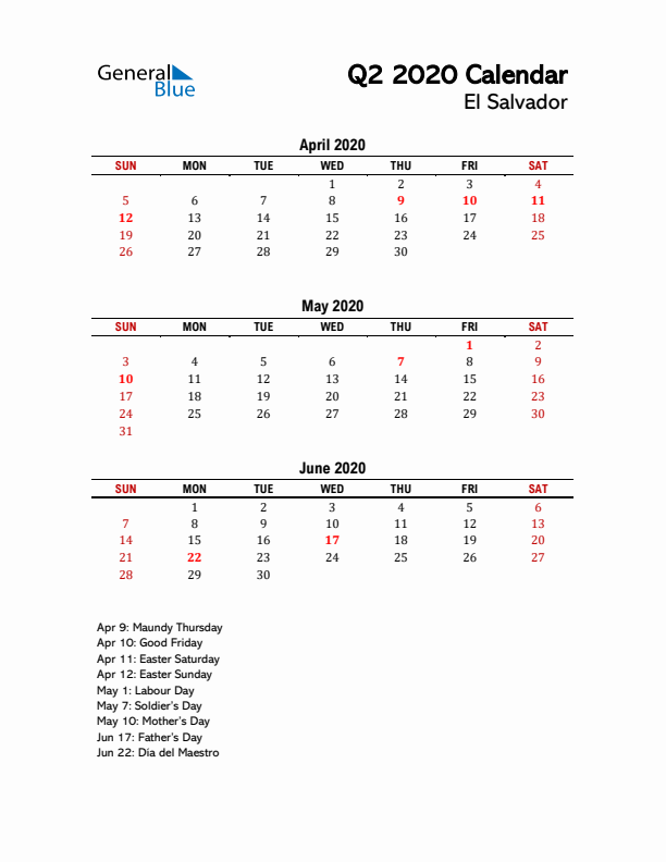 2020 Q2 Calendar with Holidays List for El Salvador