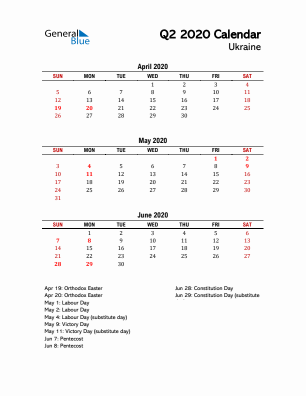 2020 Q2 Calendar with Holidays List for Ukraine