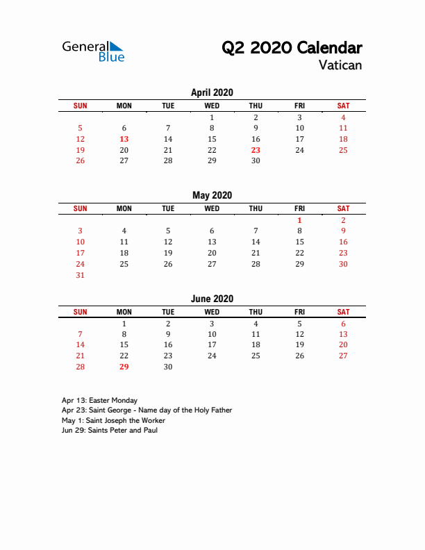 2020 Q2 Calendar with Holidays List for Vatican