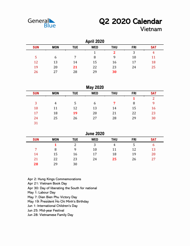 2020 Q2 Calendar with Holidays List for Vietnam