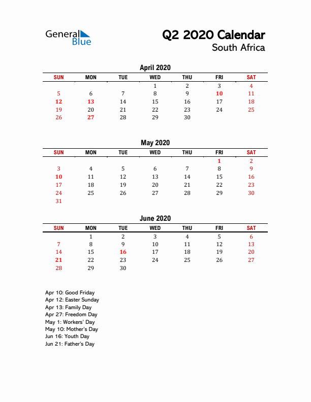 2020 Q2 Calendar with Holidays List for South Africa