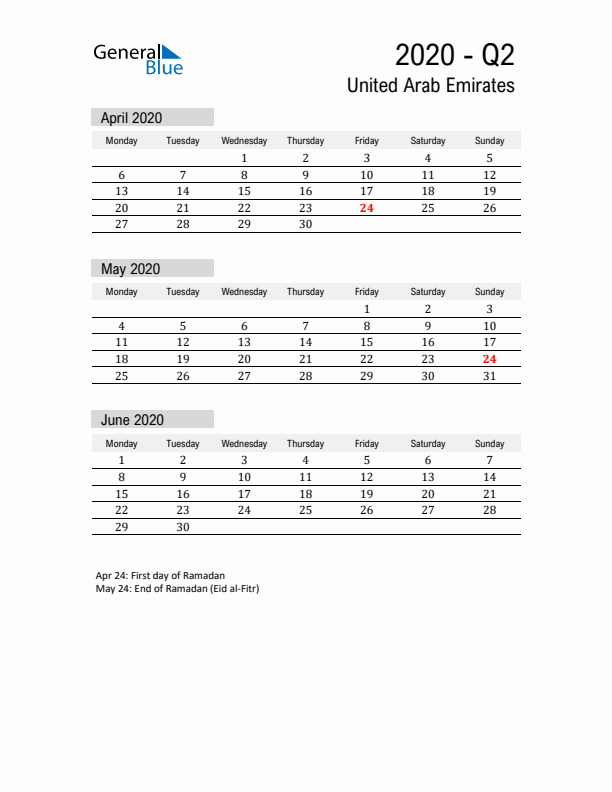 United Arab Emirates Quarter 2 2020 Calendar with Holidays