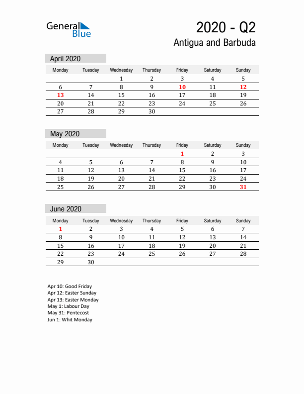 Antigua and Barbuda Quarter 2 2020 Calendar with Holidays