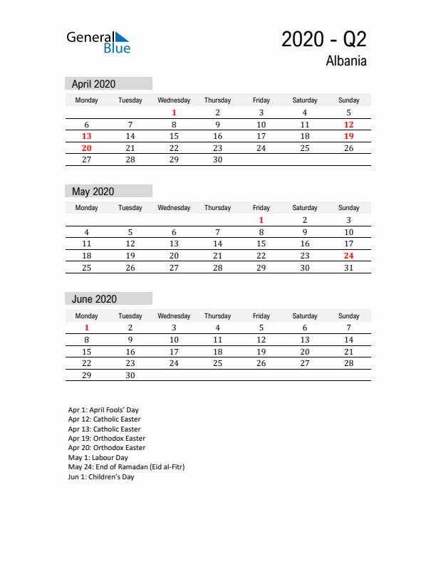 Albania Quarter 2 2020 Calendar with Holidays