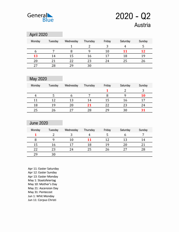 Austria Quarter 2 2020 Calendar with Holidays