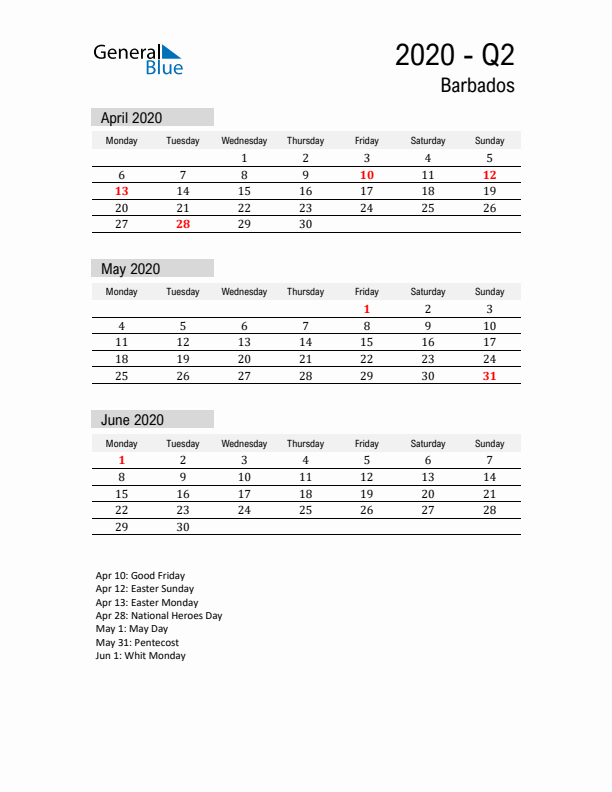 Barbados Quarter 2 2020 Calendar with Holidays