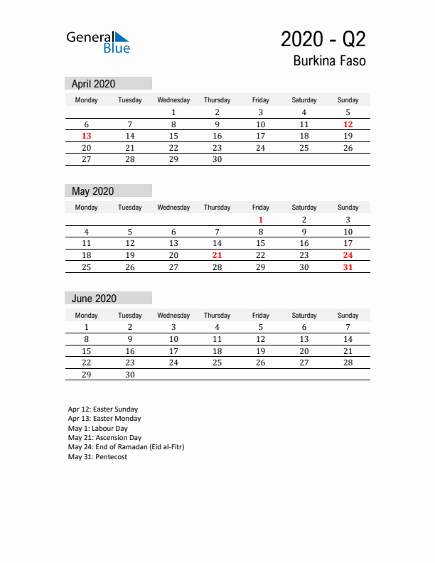 Burkina Faso Quarter 2 2020 Calendar with Holidays