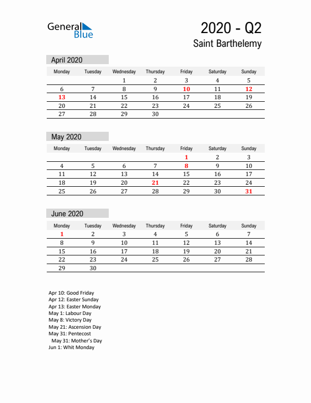 Saint Barthelemy Quarter 2 2020 Calendar with Holidays