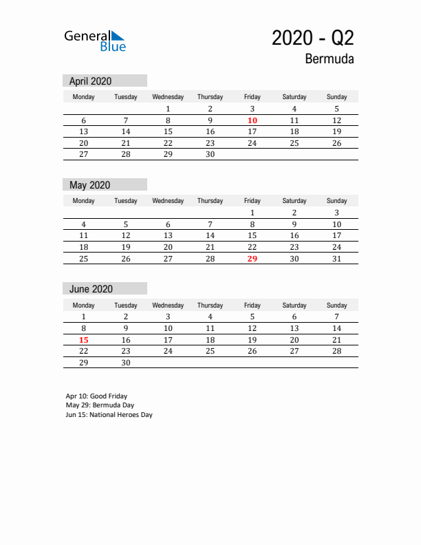 Bermuda Quarter 2 2020 Calendar with Holidays