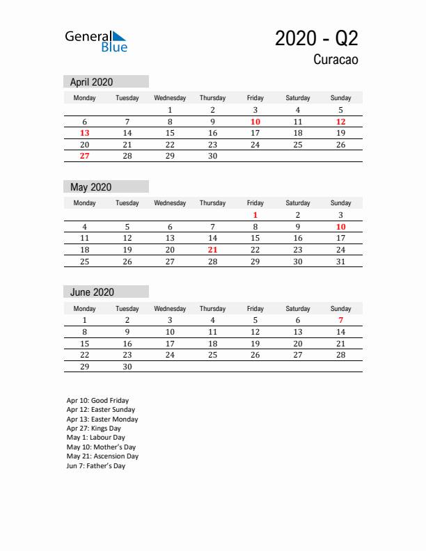 Curacao Quarter 2 2020 Calendar with Holidays