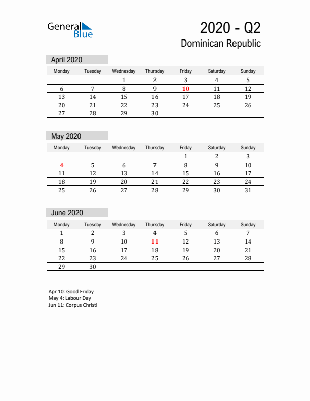 Dominican Republic Quarter 2 2020 Calendar with Holidays