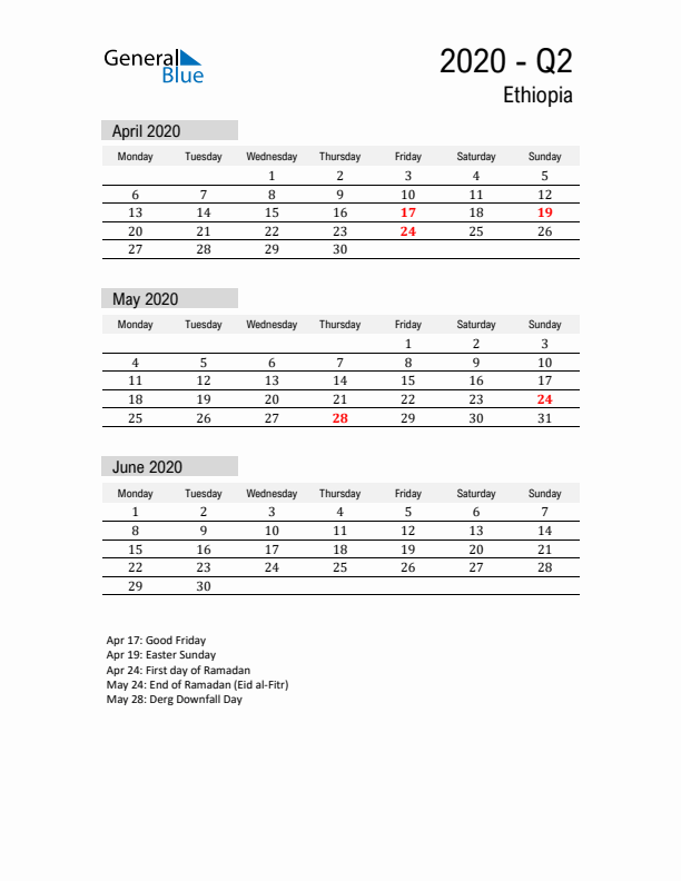 Ethiopia Quarter 2 2020 Calendar with Holidays