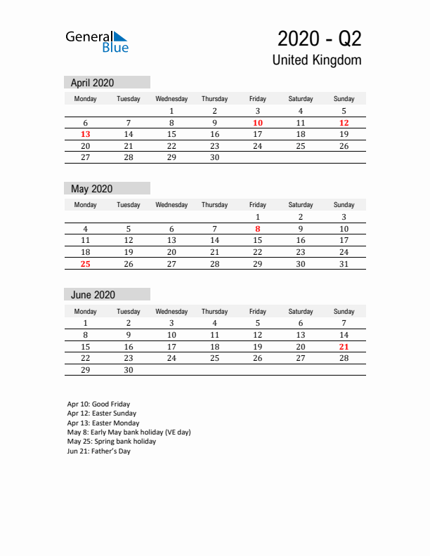 United Kingdom Quarter 2 2020 Calendar with Holidays