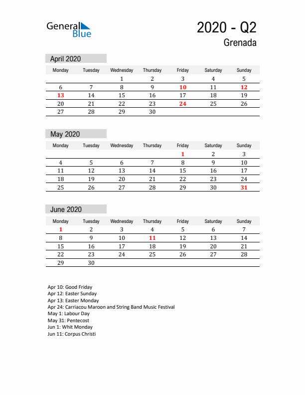 Grenada Quarter 2 2020 Calendar with Holidays