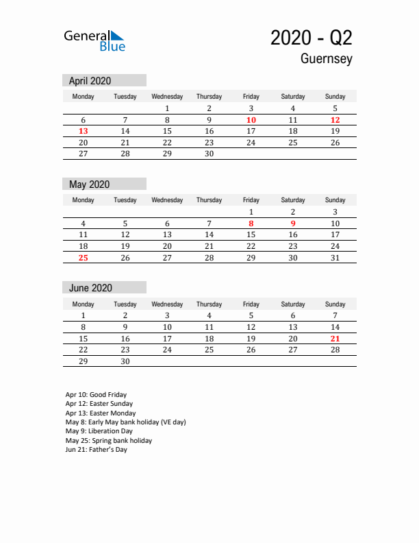 Guernsey Quarter 2 2020 Calendar with Holidays