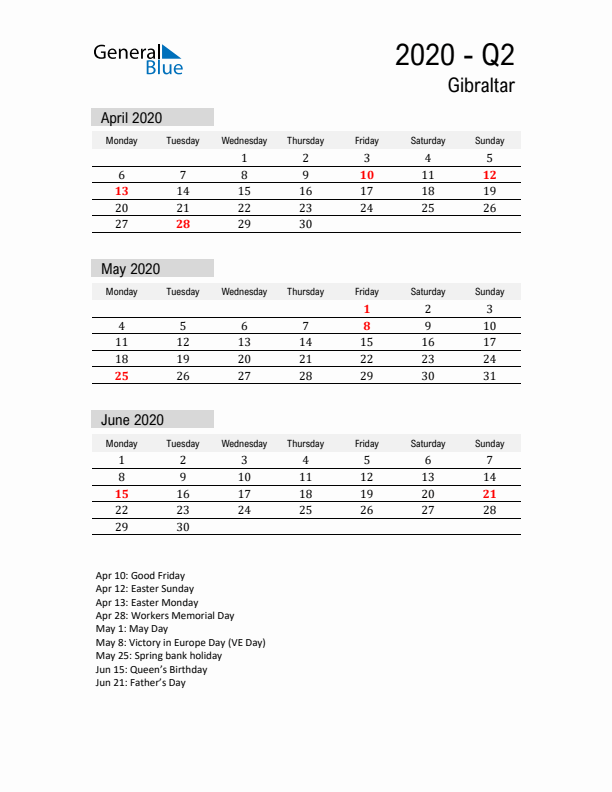 Gibraltar Quarter 2 2020 Calendar with Holidays