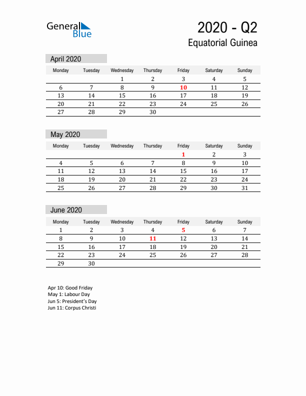 Equatorial Guinea Quarter 2 2020 Calendar with Holidays