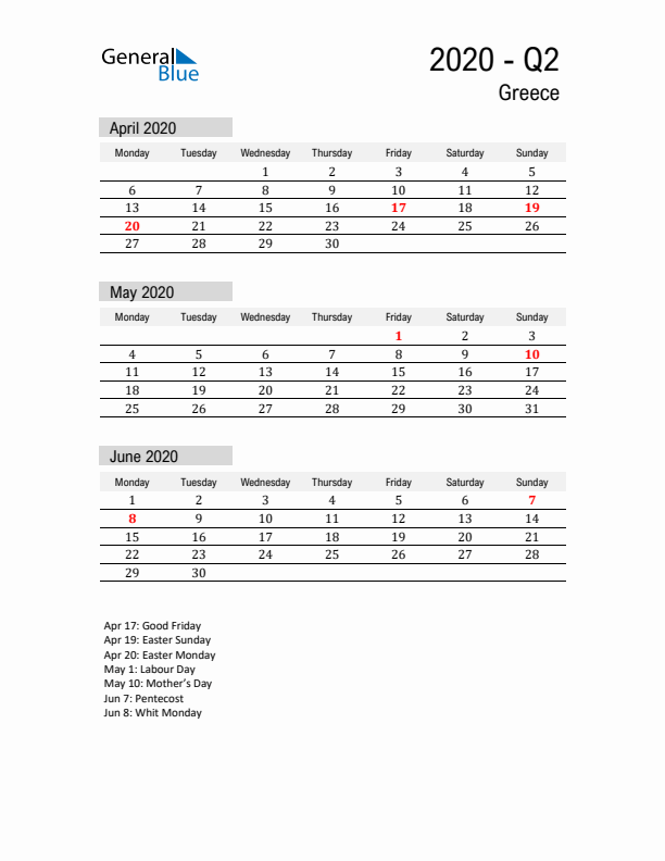 Greece Quarter 2 2020 Calendar with Holidays