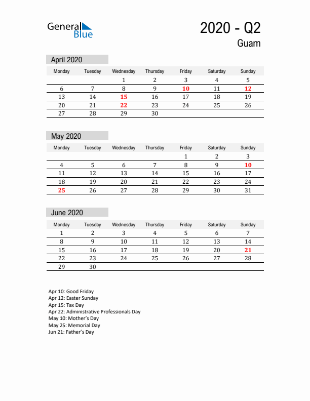 Guam Quarter 2 2020 Calendar with Holidays