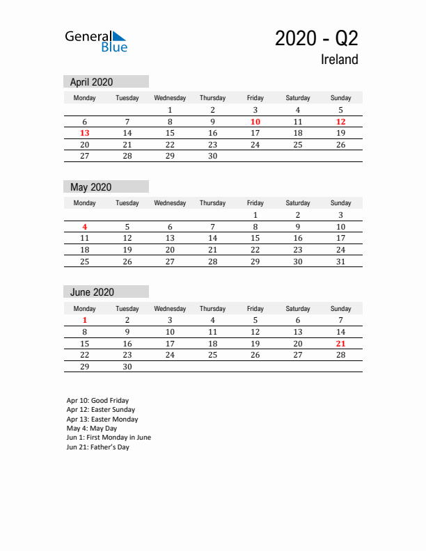 Ireland Quarter 2 2020 Calendar with Holidays