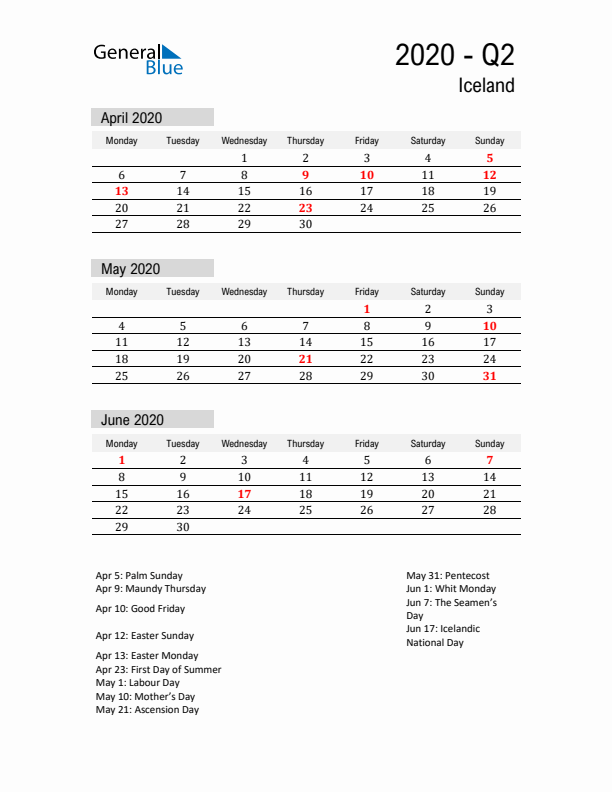 Iceland Quarter 2 2020 Calendar with Holidays