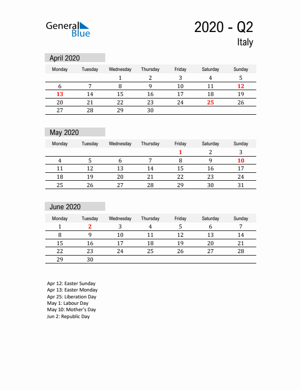 Italy Quarter 2 2020 Calendar with Holidays