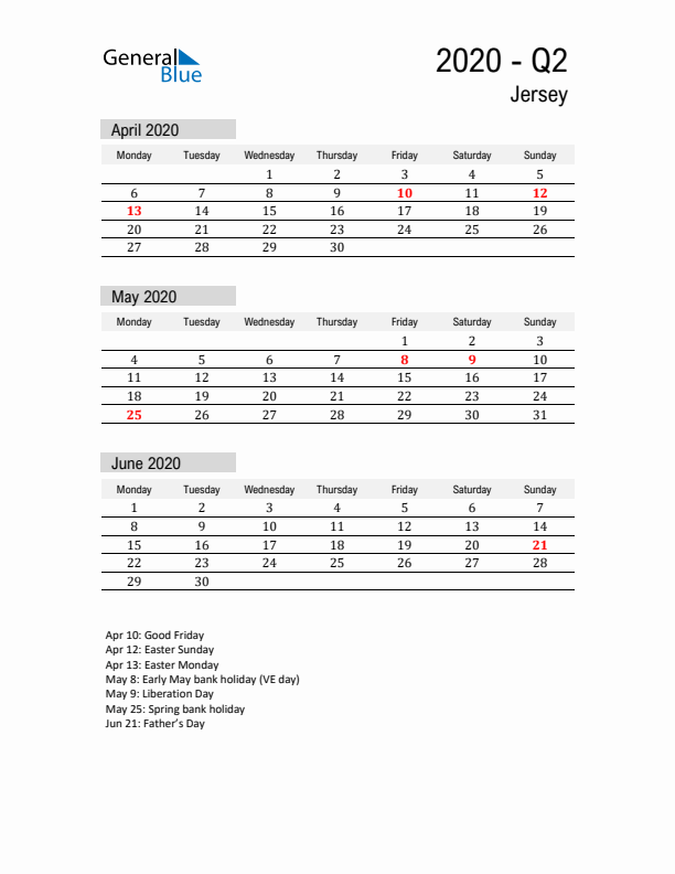 Jersey Quarter 2 2020 Calendar with Holidays