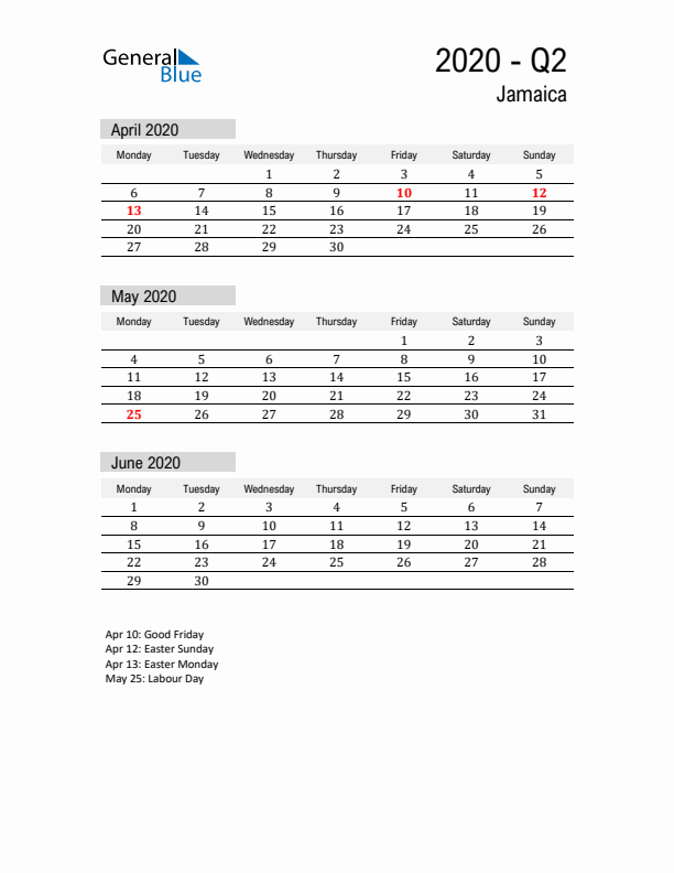 Jamaica Quarter 2 2020 Calendar with Holidays