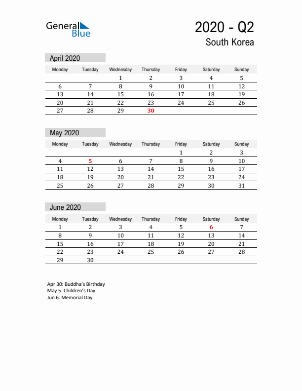 South Korea Quarter 2 2020 Calendar with Holidays