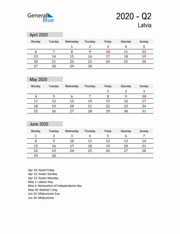 Latvia Quarter 2 2020 Calendar with Holidays