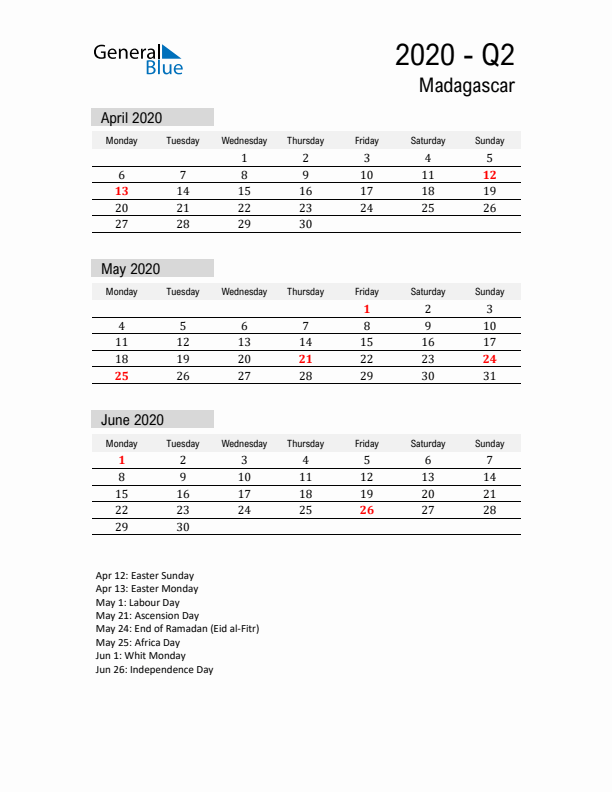 Madagascar Quarter 2 2020 Calendar with Holidays