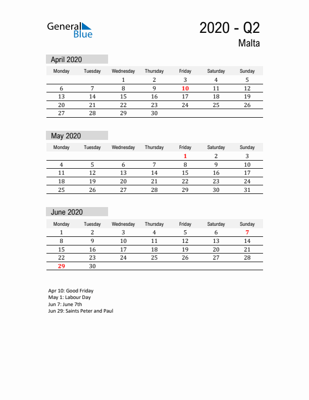 Malta Quarter 2 2020 Calendar with Holidays