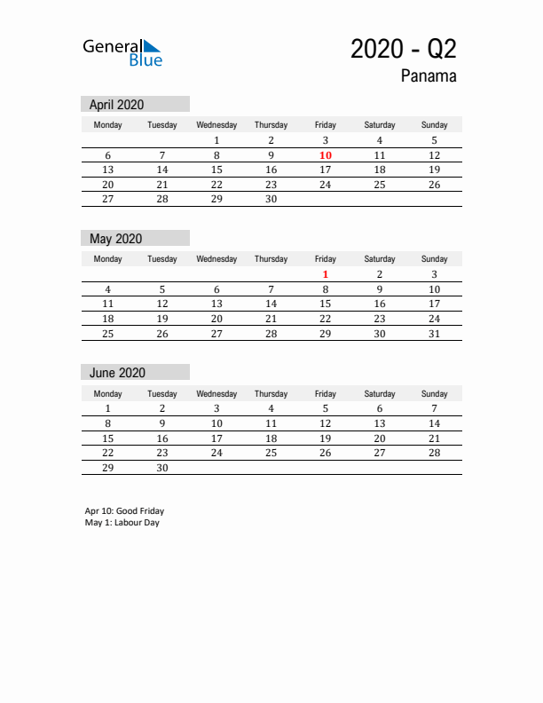 Panama Quarter 2 2020 Calendar with Holidays