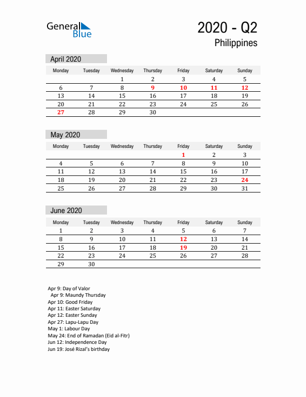 Philippines Quarter 2 2020 Calendar with Holidays