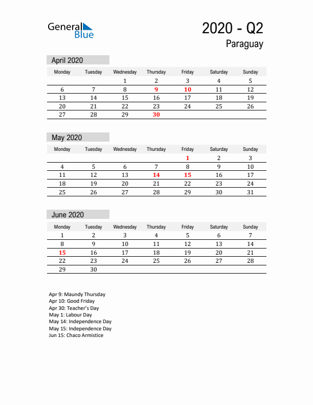 Paraguay Quarter 2 2020 Calendar with Holidays