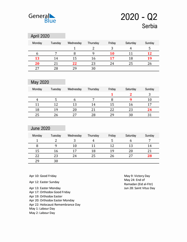 Serbia Quarter 2 2020 Calendar with Holidays