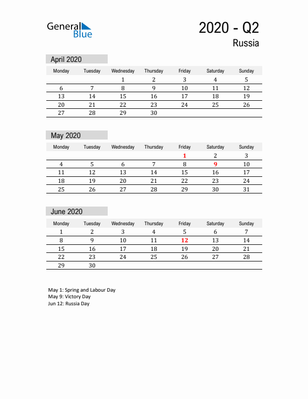 Russia Quarter 2 2020 Calendar with Holidays