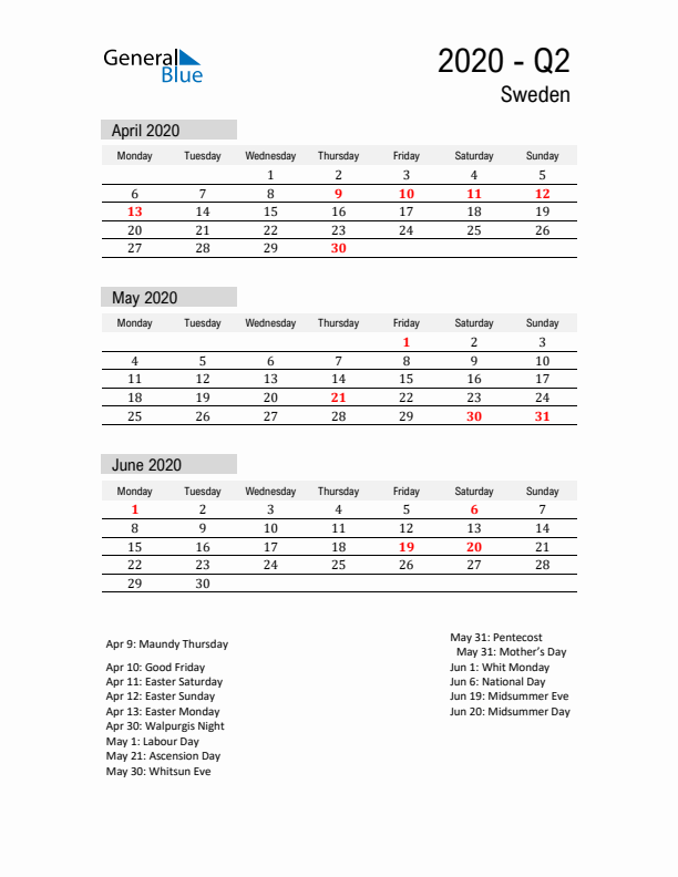 Sweden Quarter 2 2020 Calendar with Holidays