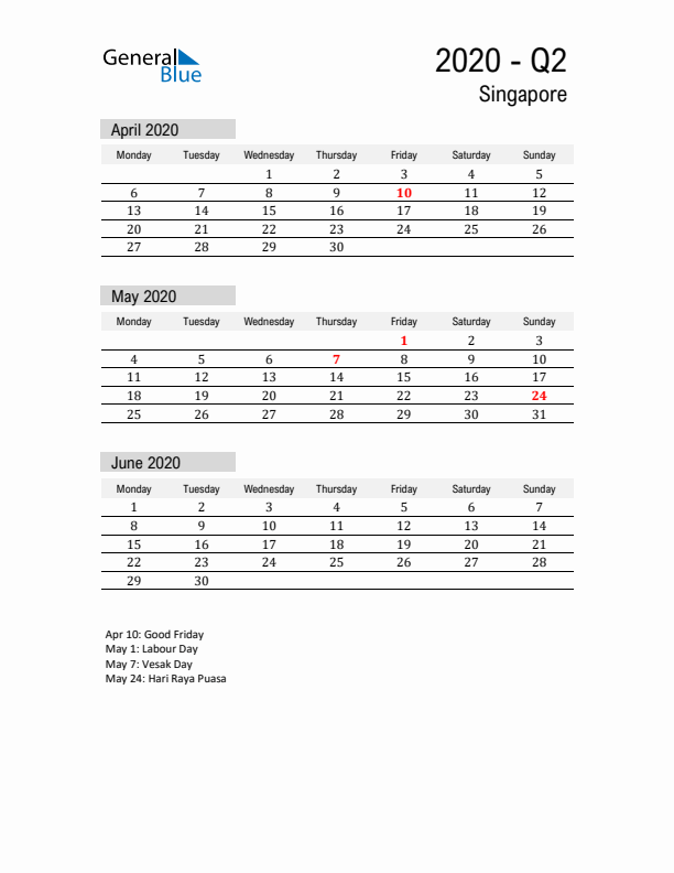 Singapore Quarter 2 2020 Calendar with Holidays