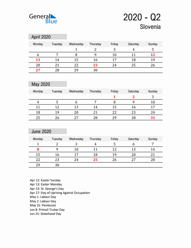 Slovenia Quarter 2 2020 Calendar with Holidays