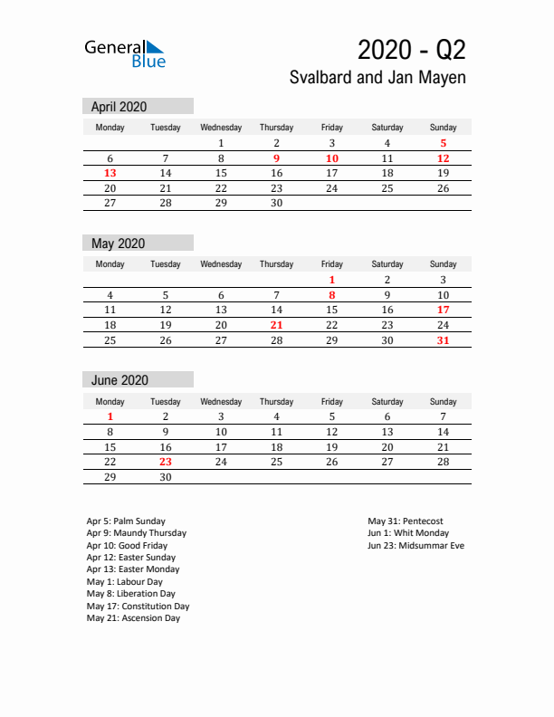 Svalbard and Jan Mayen Quarter 2 2020 Calendar with Holidays