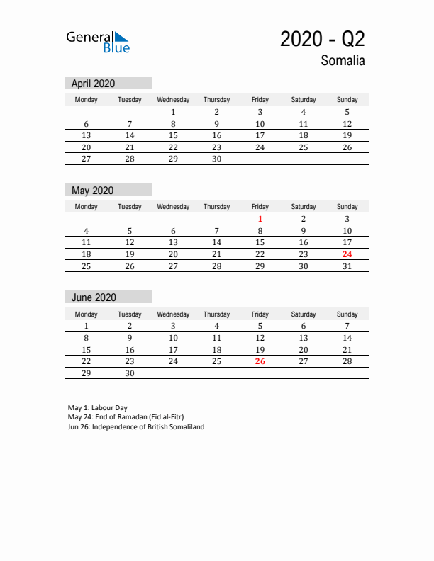 Somalia Quarter 2 2020 Calendar with Holidays