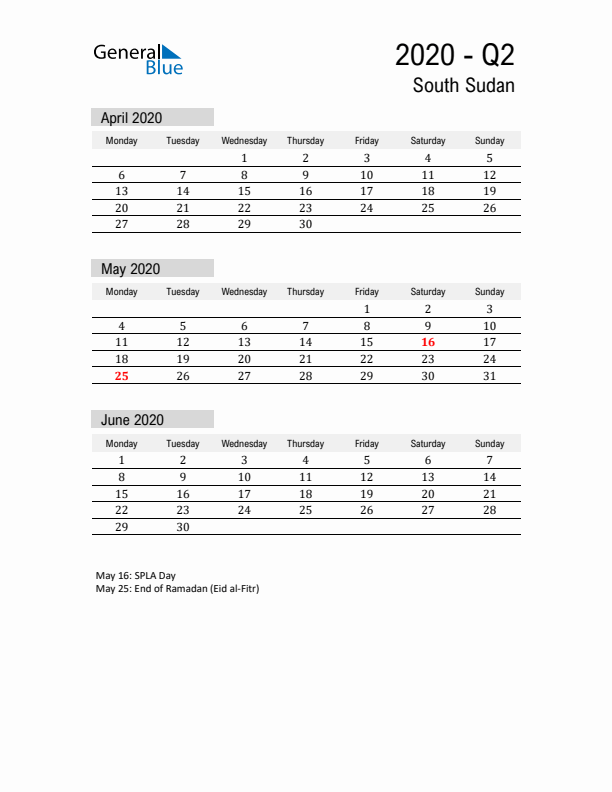 South Sudan Quarter 2 2020 Calendar with Holidays