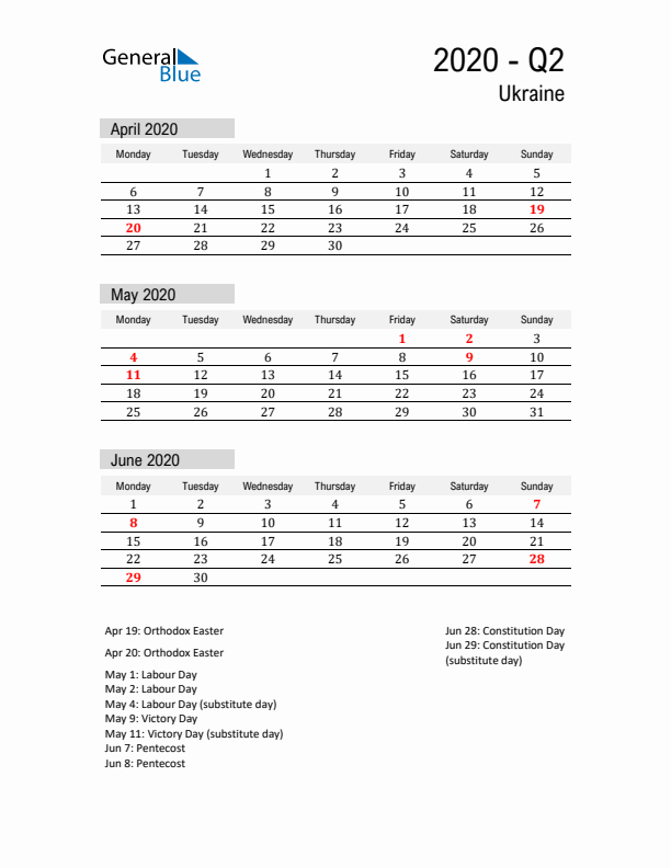 Ukraine Quarter 2 2020 Calendar with Holidays