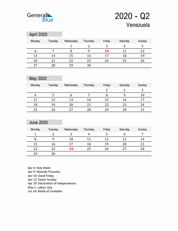 Venezuela Quarter 2 2020 Calendar with Holidays