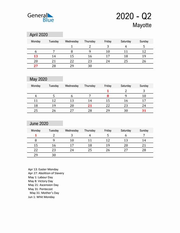 Mayotte Quarter 2 2020 Calendar with Holidays