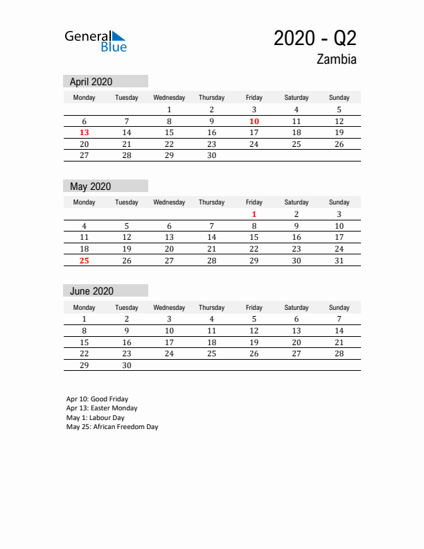 Zambia Quarter 2 2020 Calendar with Holidays