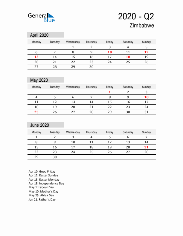 Zimbabwe Quarter 2 2020 Calendar with Holidays