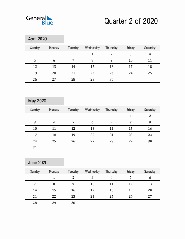 April, May, and June Calendar 2020