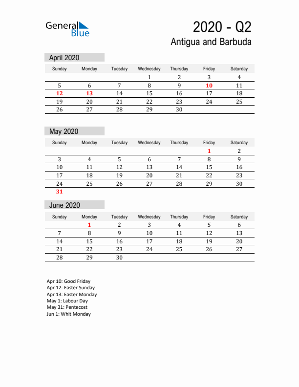 Antigua and Barbuda Quarter 2 2020 Calendar with Holidays